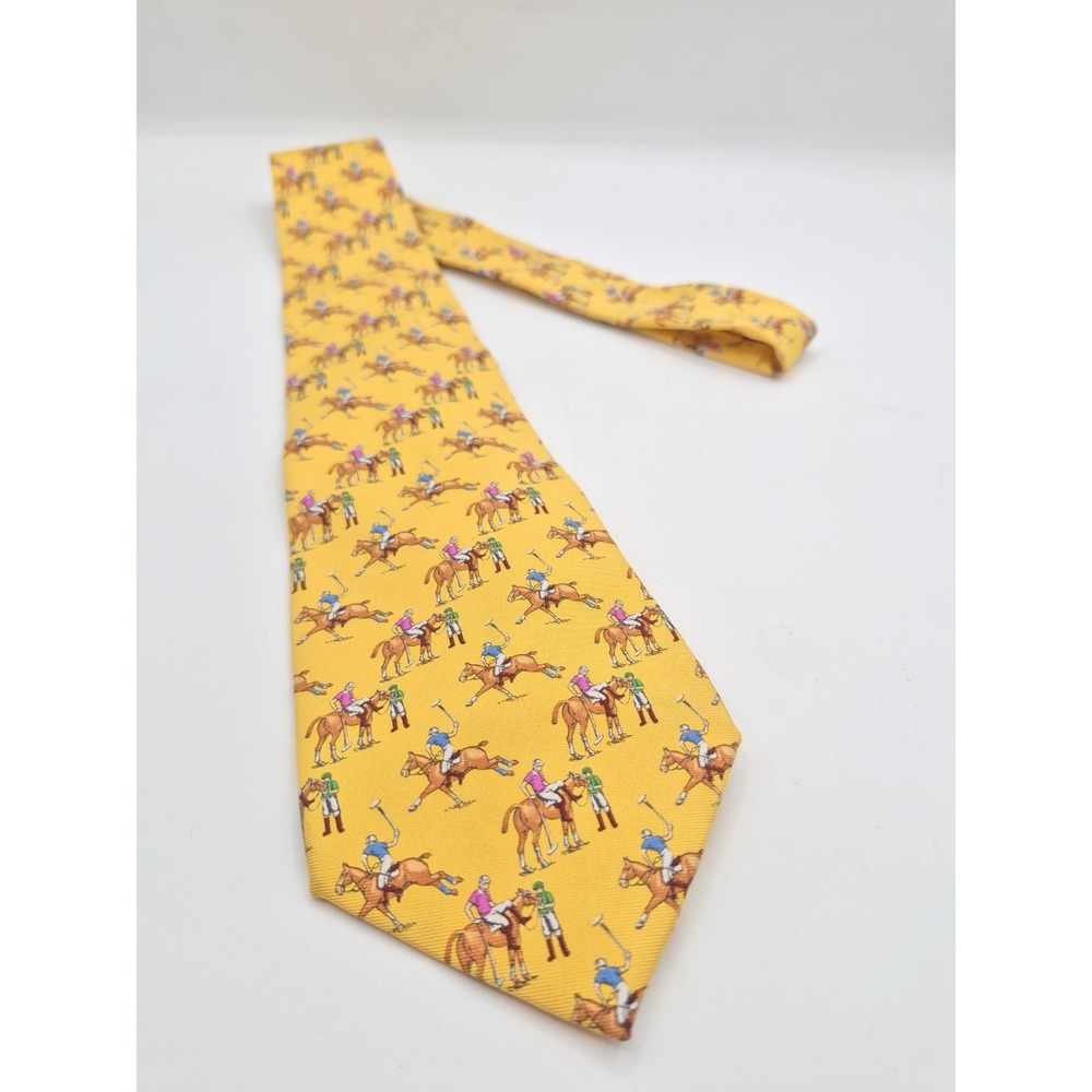 Polo Ralph Lauren Men Silk Tie Made In Italy Yellow Horse Print 3.5 Inch Width